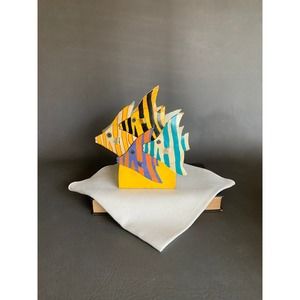 VTG fish napkin holder metal 1990s handmade art piece fish painted colorful